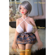 3ft 5in 105cm petite sex doll with silver hair fair skin, and large breasts in a revealing white top and plaid skirt.Made by 6ye.