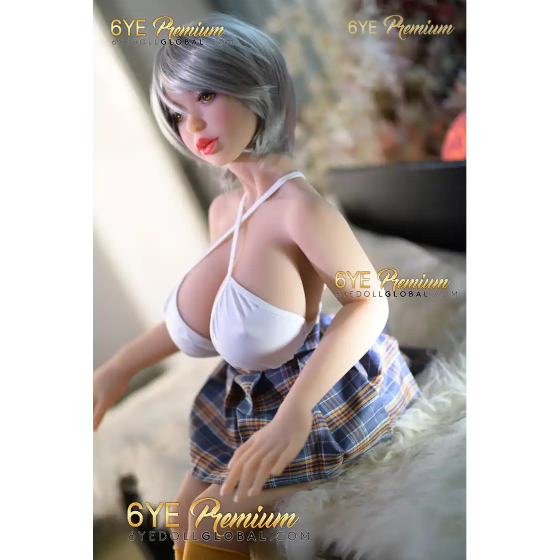 3ft 5in 105cm petite sex doll with silver hair fair skin, and large breasts in a revealing white top and plaid skirt.Made by 6ye.