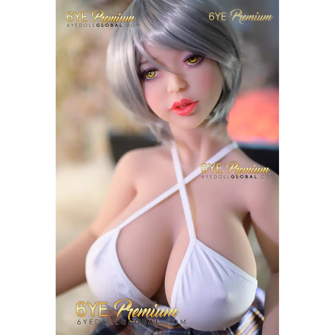 3ft 5in 105cm petite sex doll with silver hair fair skin, and large breasts in a revealing white top and plaid skirt.Made by 6ye.