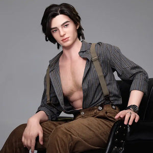 5ft 6in or 170cm silicone male sex doll with muscular arms, chest and abs with long hair and blue eyes in an old fashioned outfit.