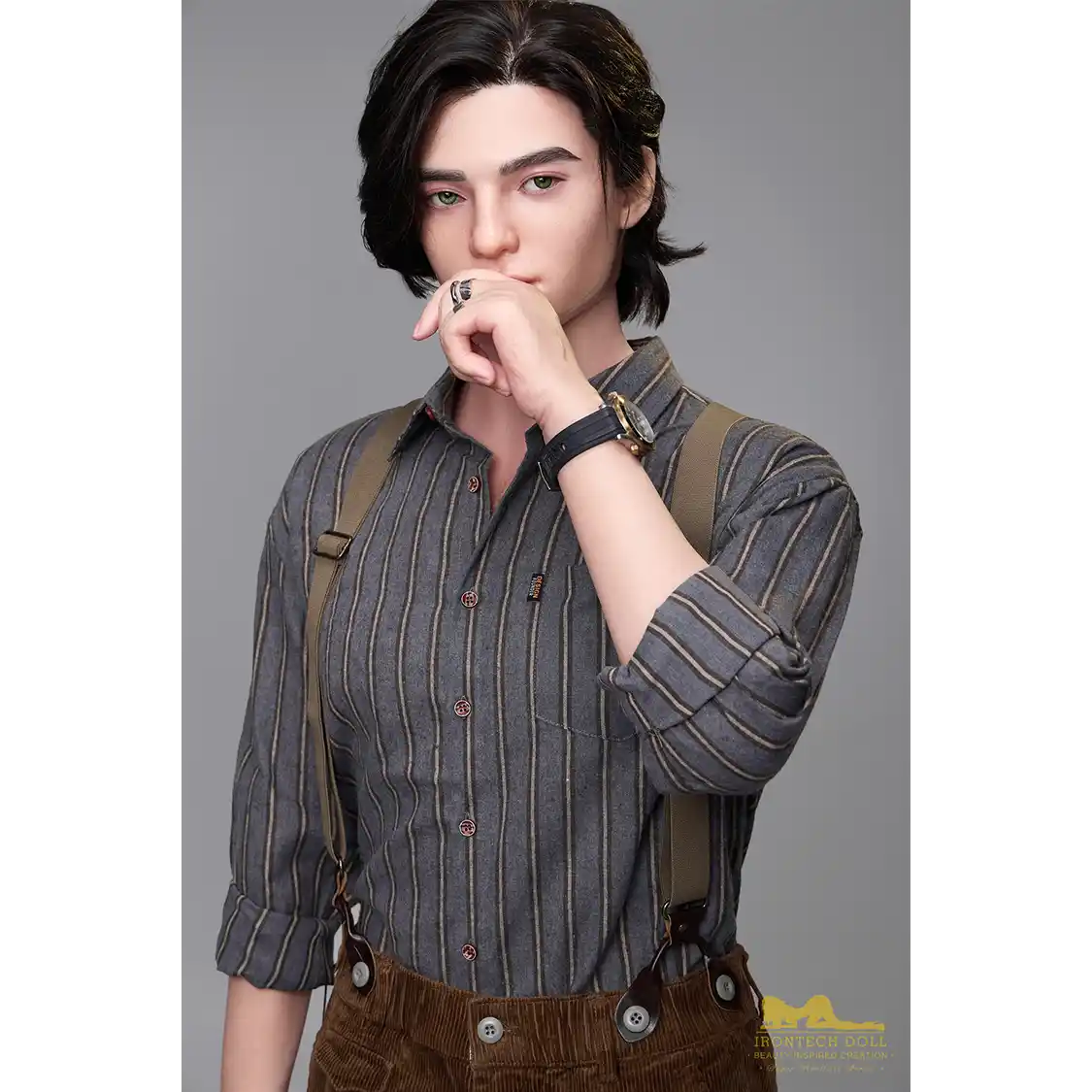 5ft 6in or 170cm silicone male sex doll with muscular arms, chest and abs with long hair and blue eyes in an old fashioned outfit.