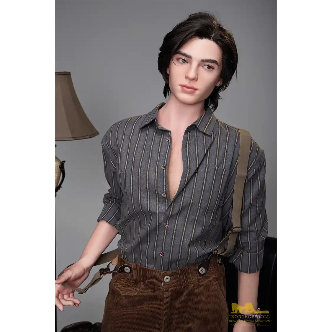 5ft 6in or 170cm silicone male sex doll with muscular arms, chest and abs with long hair and blue eyes in an old fashioned outfit.