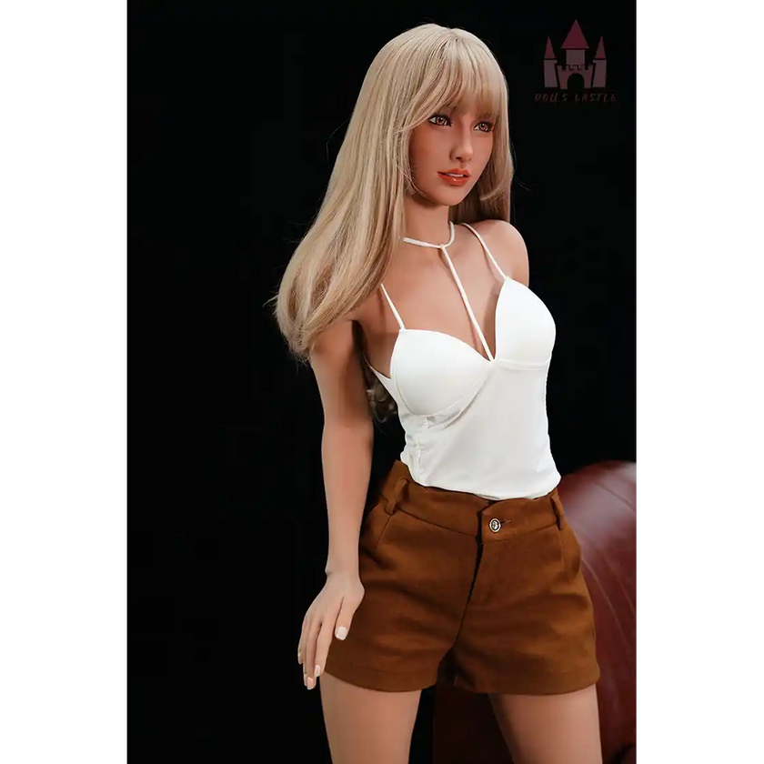 5ft 4in 163cm tall sexy blonde TPE sex doll with large E-cup breasts and brown eyes.