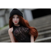 1ft 11in 60cm white female mini silicone sex doll with long red hair, light skin and large breasts.