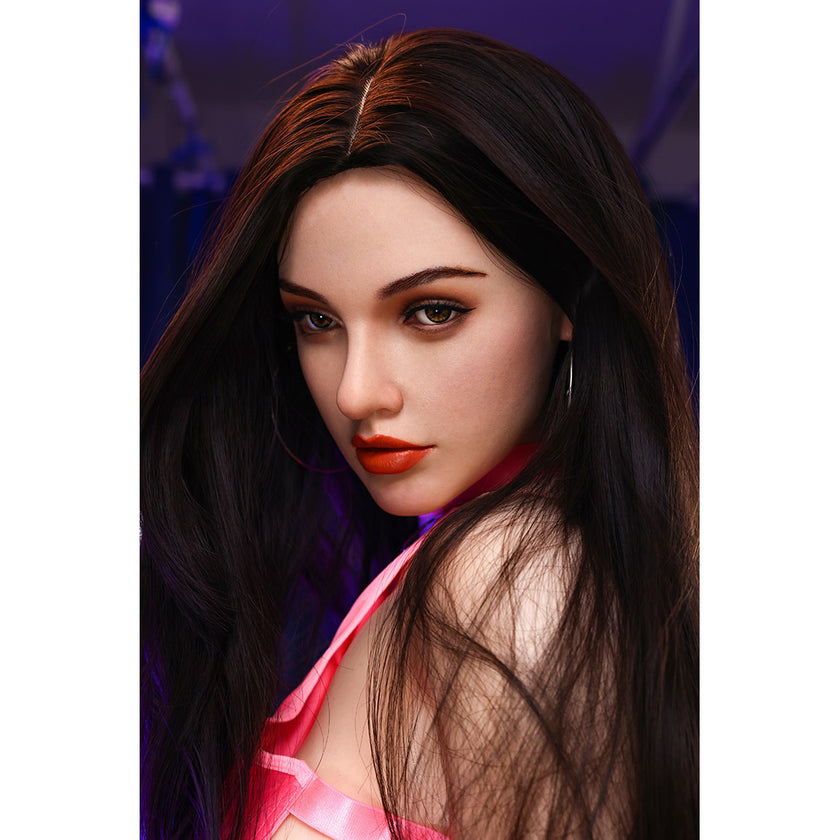 Mary is a 5ft 5in or 165cm tall life size, lifelike, white female silicone sex doll with long legs, hazel eyes, long straight dark hair, fair skin, perky medium sized breasts and a sexy curvy body.