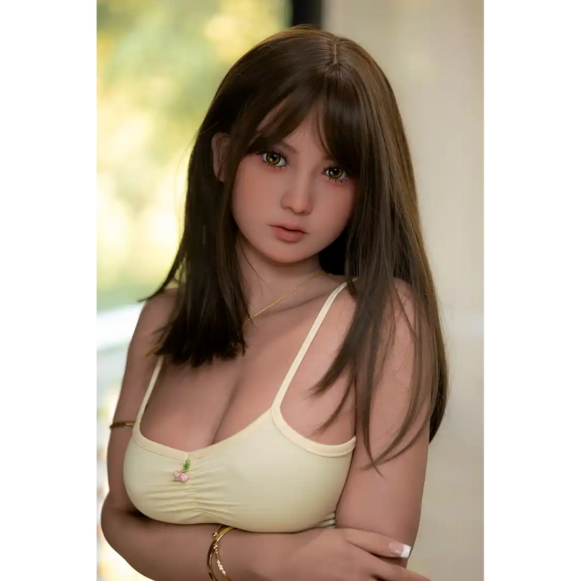 5ft 5in or 166cm lifelike full size large breast curvy Asian female sex doll with long legs, light skin, long black hair and brown eyes.