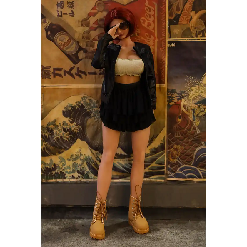 1ft 11in 60cm anime style female mini silicone sex doll with red hair, light skin and large breasts.