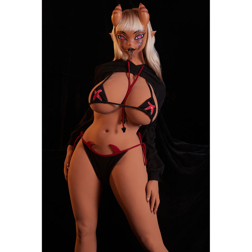 5ft 3in 159cm hybrid sex doll (TPE body silicone head) Meru. Meru is a curvy yet athletically built anime style female demon sex doll featuring large breasts, perky round ass, blonde hair, red eyes unique skin color and makeup and of-course horns.