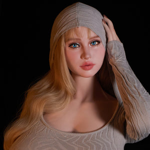 5ft 3in or 161cm silicone MILF sex doll with blonde hair, light skin, chubby figure, giant breasts and blue eyes with extremely lifelike body.  Made by Climax Doll.