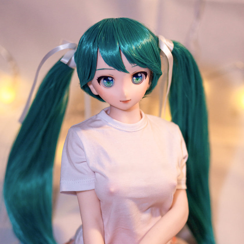 2ft 60cm mini anime sex doll Kurumi. Made of silicone featuring large breasts, fair skin, long blue hair and a fit athletic body in a skirt and t-shirt.