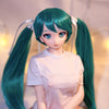 2ft 60cm mini anime sex doll Kurumi. Made of silicone featuring large breasts, fair skin, long blue hair and a fit athletic body in a skirt and t-shirt.