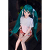 2ft 60cm mini anime sex doll Kurumi. Made of silicone featuring large breasts, fair skin, long blue hair and a fit athletic body in a skirt and t-shirt.