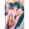 2ft 60cm mini anime sex doll Kurumi. Made of silicone featuring large breasts, fair skin, long blue hair and a fit athletic body in a skirt and t-shirt.