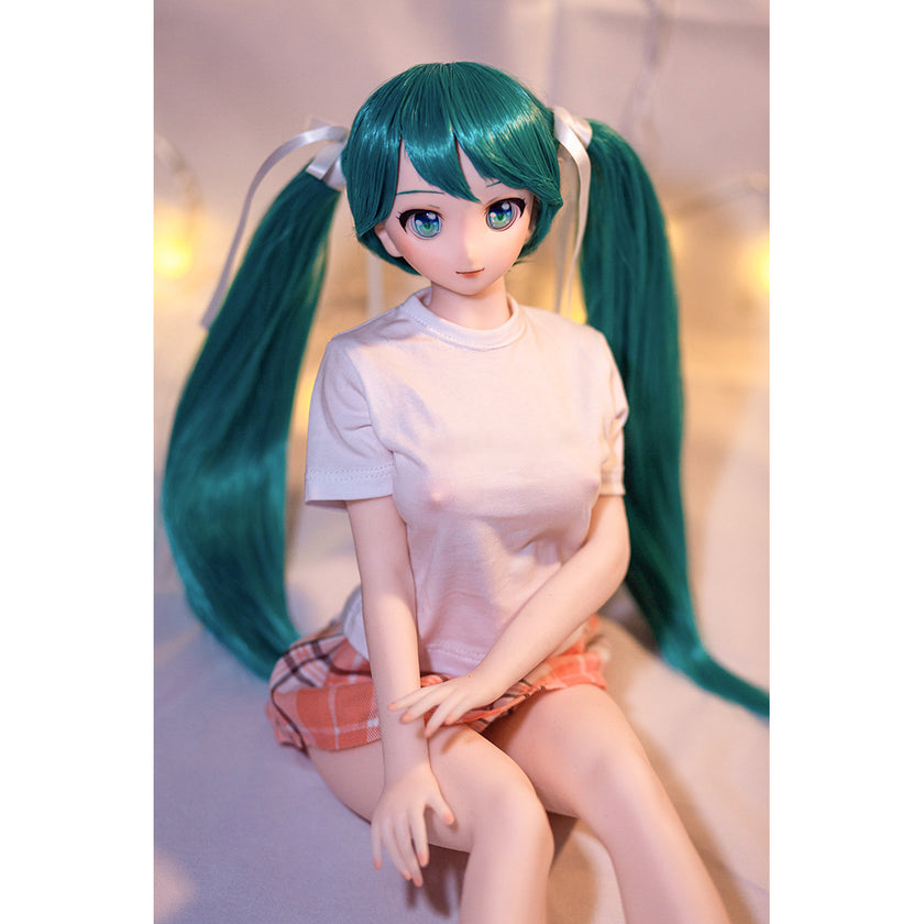 2ft 60cm mini anime sex doll Kurumi. Made of silicone featuring large breasts, fair skin, long blue hair and a fit athletic body in a skirt and t-shirt.
