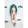 2ft 60cm mini anime sex doll Kurumi. Made of silicone featuring large breasts, fair skin, long blue hair and a fit athletic body in a skirt and t-shirt.
