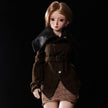 2ft 60cm mini anime silicone sex doll Miyabi. Featuring large breasts, fair skin and a fit athletic body in a brown coat and skirt.