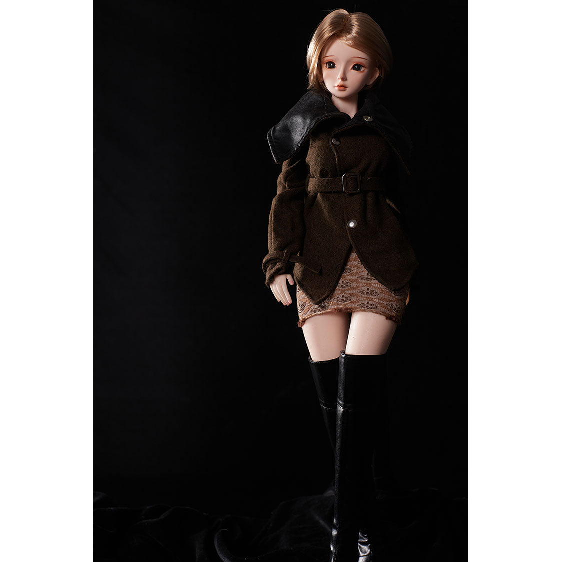 2ft 60cm mini anime silicone sex doll Miyabi. Featuring large breasts, fair skin and a fit athletic body in a brown coat and skirt.