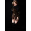 2ft 60cm mini anime silicone sex doll Miyabi. Featuring large breasts, fair skin and a fit athletic body in a brown coat and skirt.