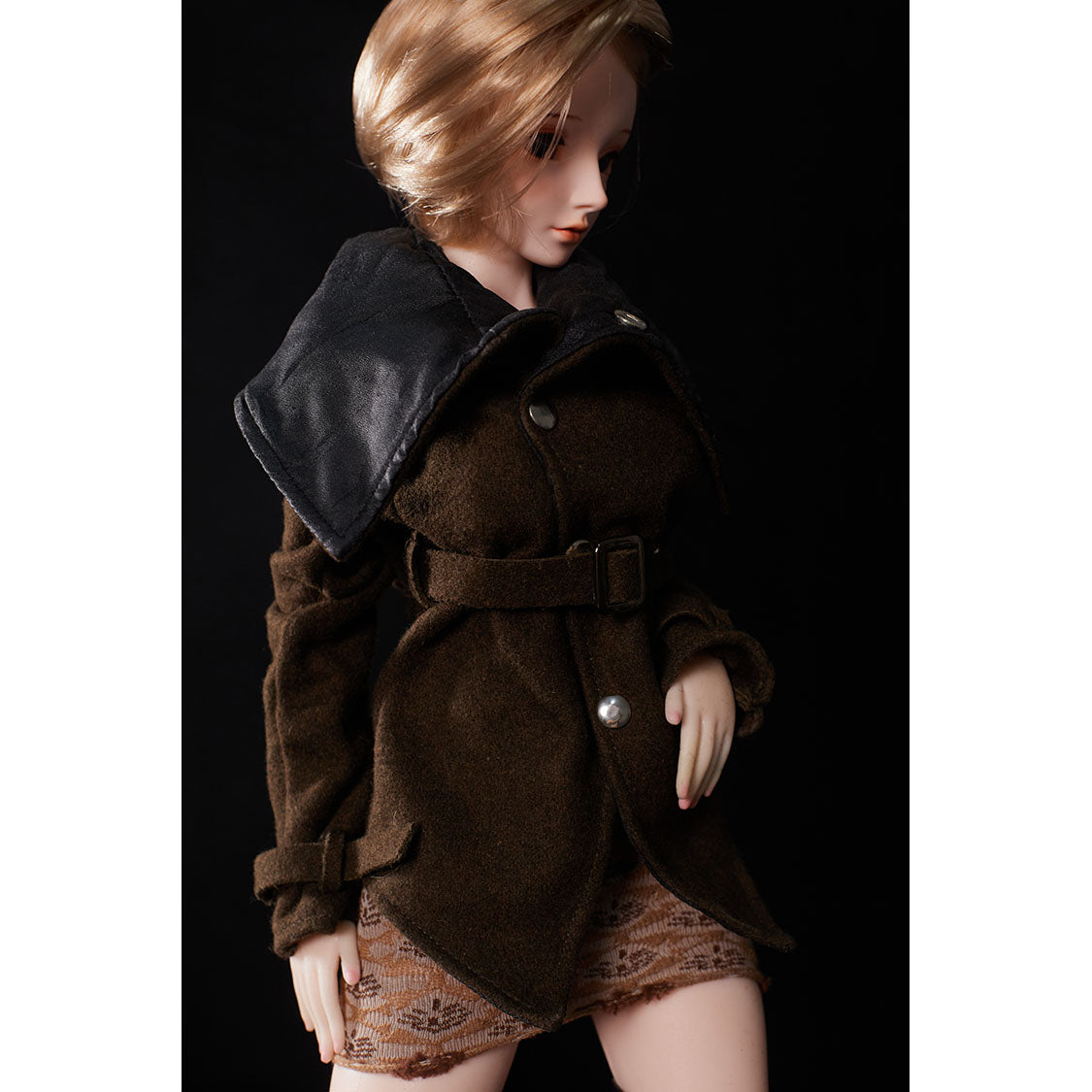 2ft 60cm mini anime silicone sex doll Miyabi. Featuring large breasts, fair skin and a fit athletic body in a brown coat and skirt.