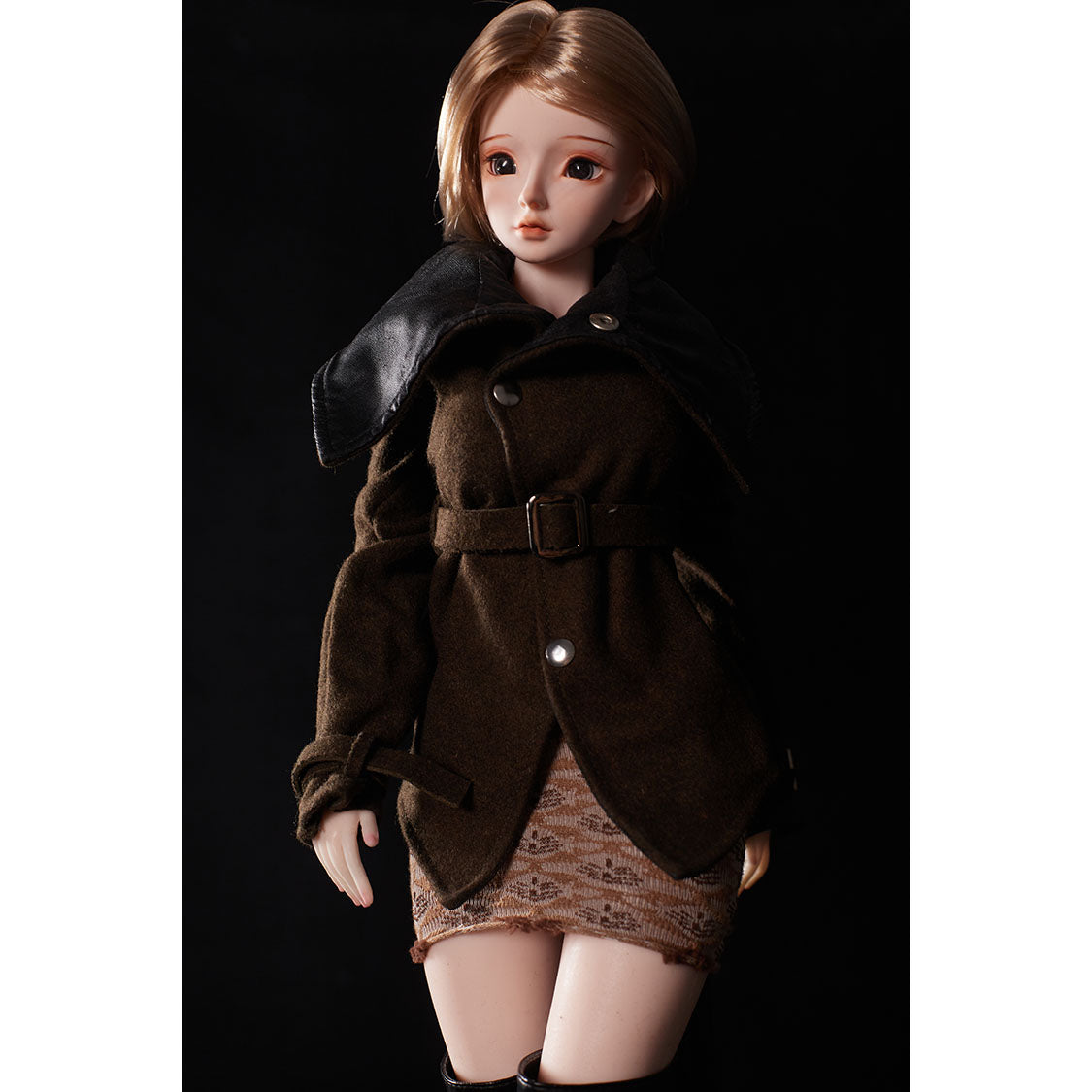 2ft 60cm mini anime silicone sex doll Miyabi. Featuring large breasts, fair skin and a fit athletic body in a brown coat and skirt.