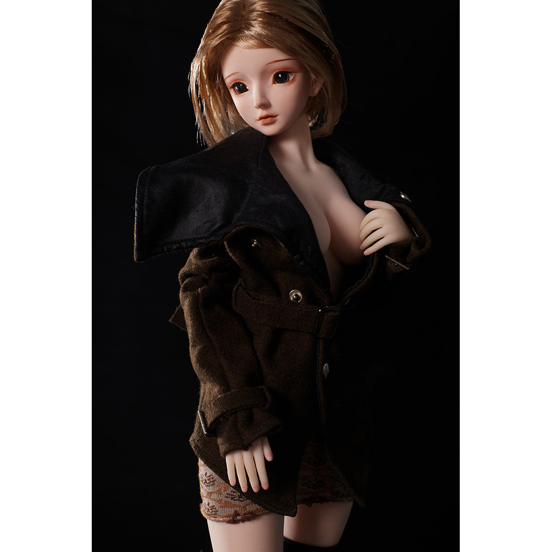 2ft 60cm mini anime silicone sex doll Miyabi. Featuring large breasts, fair skin and a fit athletic body in a brown coat and skirt.