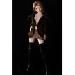 2ft 60cm mini anime silicone sex doll Miyabi. Featuring large breasts, fair skin and a fit athletic body in a brown coat and skirt.