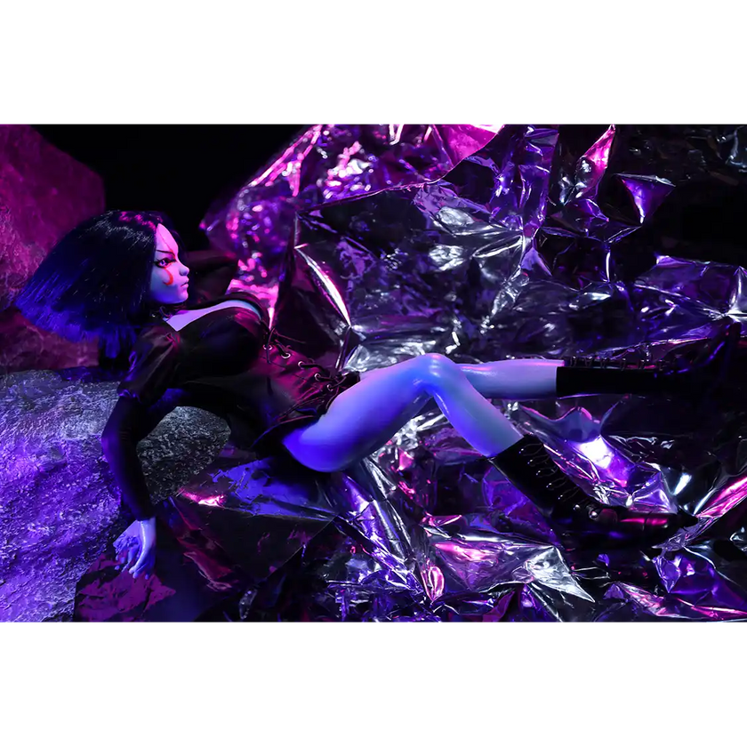 1ft 11in 60cm anime style female elf mini silicone sex doll with black hair, blue skin and large breasts.