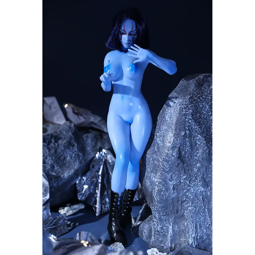 1ft 11in 60cm anime style female elf mini silicone sex doll with black hair, blue skin and large breasts.