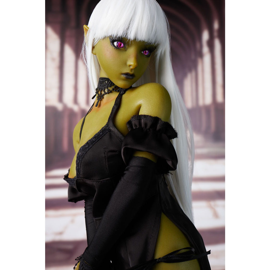 Momoko enhanced 60 cm silicone elf mini doll with white hair and black outfit – Climax Fantasy Collection