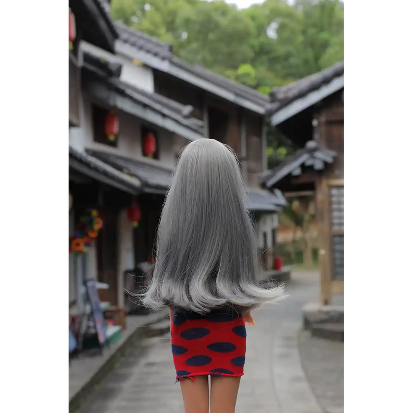 1ft 11in 60cm affordable mini female silicone sex doll with silver hair, blue eyes small breasts and a slim athletic figure.