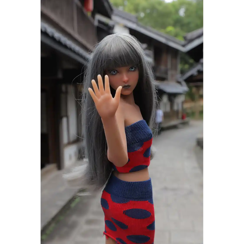 1ft 11in 60cm affordable mini female silicone sex doll with silver hair, blue eyes small breasts and a slim athletic figure.