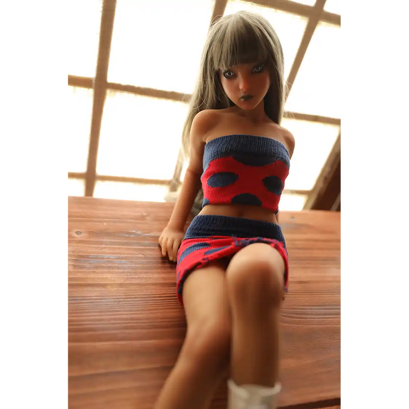 1ft 11in 60cm affordable mini female silicone sex doll with silver hair, blue eyes small breasts and a slim athletic figure.