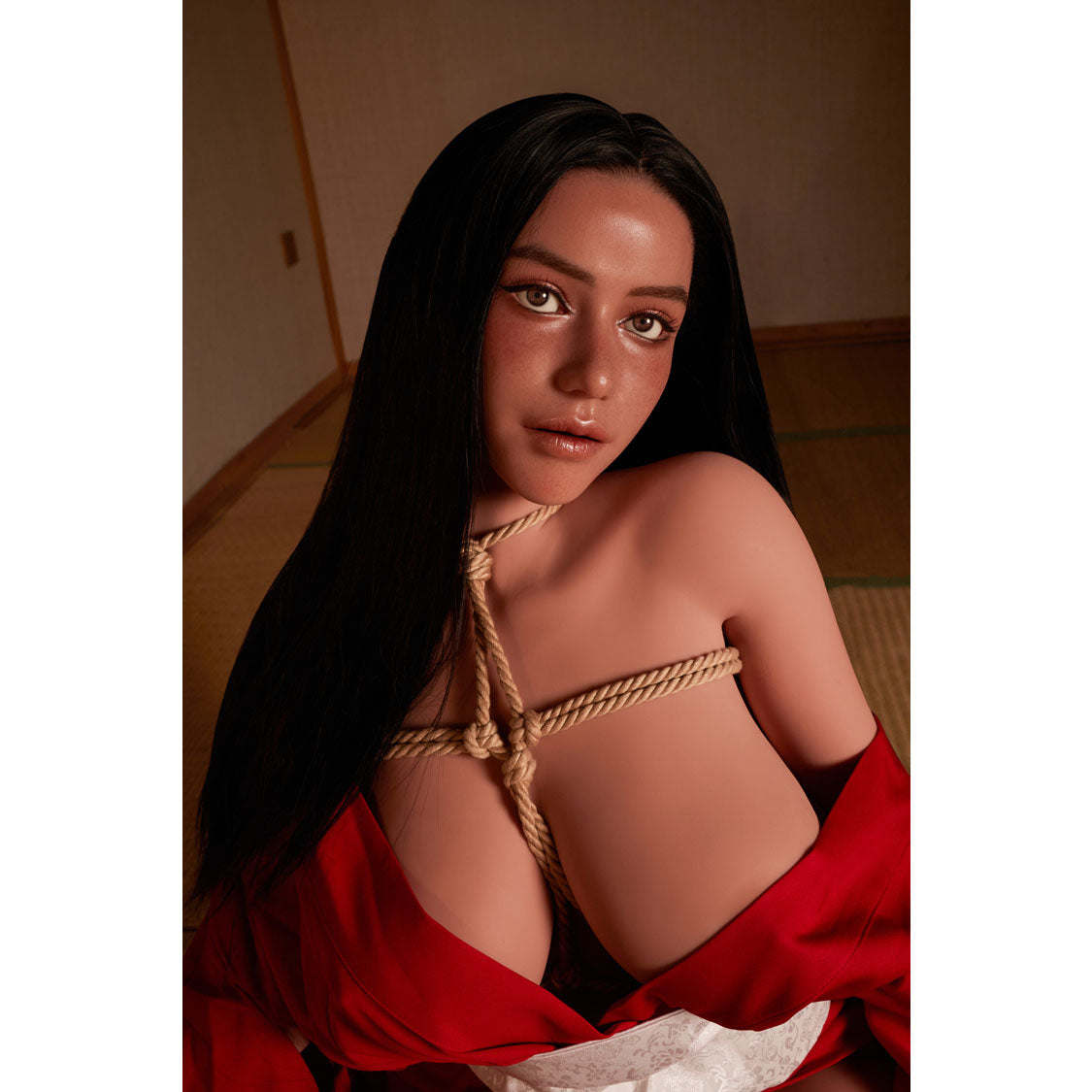 Tasha 5ft 154cm ultra-realistic hybrid doll with long black hair wearing red robe – Climax Collection