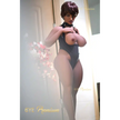 4ft 6in 138cm Curvy ebony sex doll with short black hair, dark skin, and F-cup breasts in a black body suit.  Made by 6ye.  