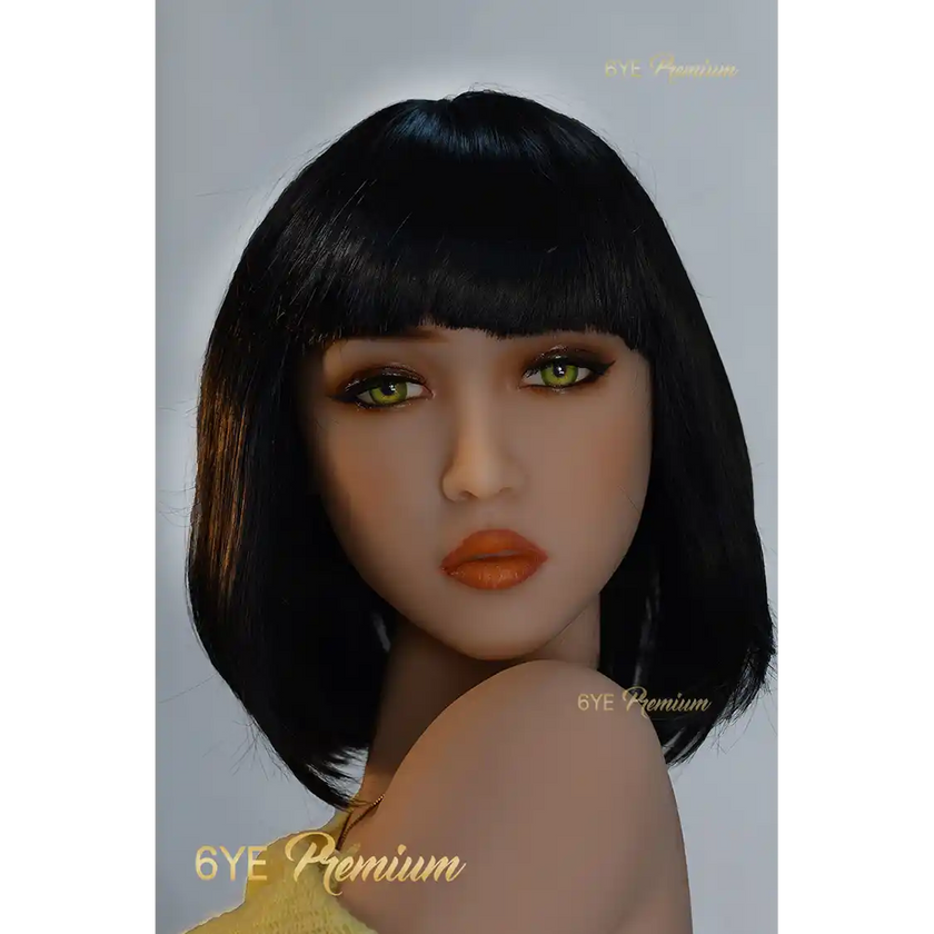 5ft 0in 152cm sex doll with shoulder length black hair, light skin, large F-cup breasts in a yellow top with white stockings.Made by 6ye.