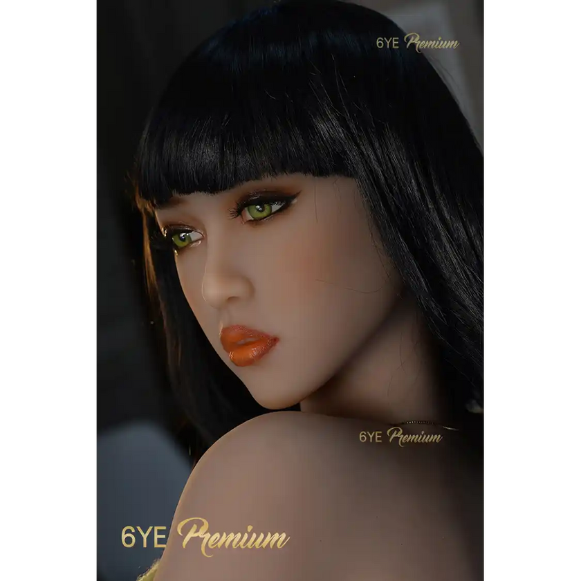 5ft 0in 152cm sex doll with shoulder length black hair, light skin, large F-cup breasts in a yellow top with white stockings.Made by 6ye.