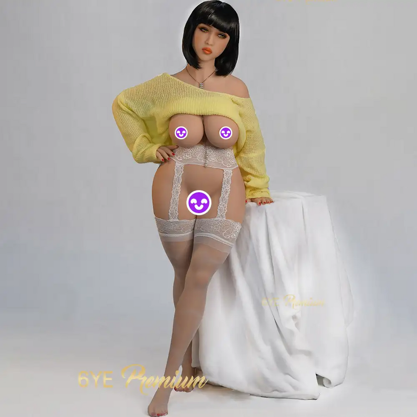 5ft 0in 152cm sex doll with shoulder length black hair, light skin, large F-cup breasts in a yellow top with white stockings.Made by 6ye.