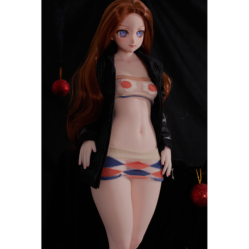 2ft 60cm mini anime sex doll Nanami. Silicone body construction, small breasts, fair skin, short brown hair and a slim sexy body in a  sheer top, black leather coat and tiny shirt and top.  Made by Climax Doll
