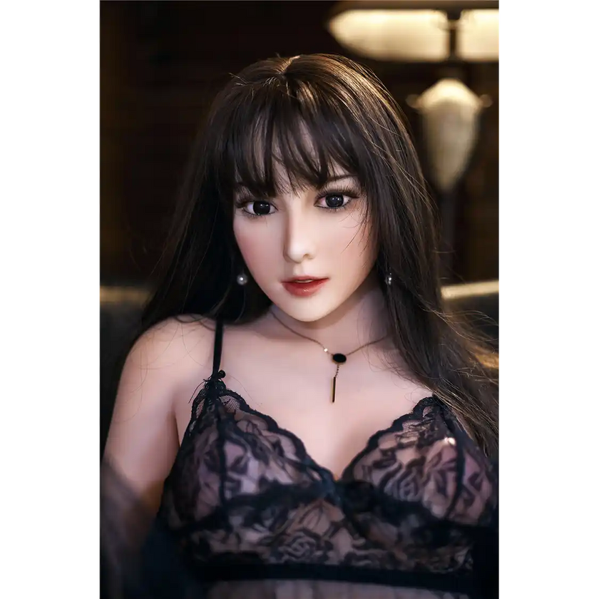 5ft 4in 163cm slim Asian female TPE sex doll with long straight black hair, C cup breasts, brown eyes and fair skin in black lingerie.