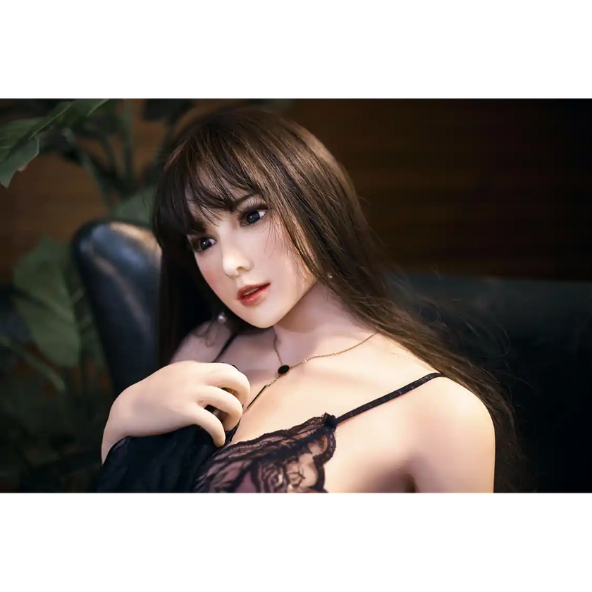 5ft 4in 163cm slim Asian female TPE sex doll with long straight black hair, C cup breasts, brown eyes and fair skin in black lingerie.