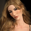 5ft 4in or 162cm tall curvy hyper realistic silicone sex doll Nina from Real Lady, with long legs, long blonde hair, large breasts, and blue eyes in lingerie.