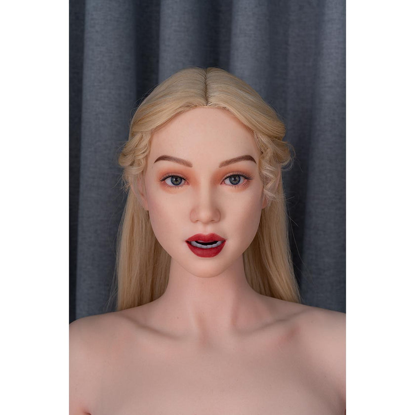 5ft 9in 175cm life size skinny female real silicone sex doll with blonde hair and C-cup breasts with very light skin.