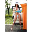 5ft 9in 175cm athletic white TPE sex doll with long legs, long black hair, large breasts and blue eyes in a blue and white bikini.