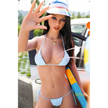 5ft 9in 175cm athletic white TPE sex doll with long legs, long black hair, large breasts and blue eyes in a blue and white bikini.