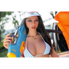 5ft 9in 175cm athletic white TPE sex doll with long legs, long black hair, large breasts and blue eyes in a blue and white bikini.