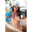 5ft 9in 175cm athletic white TPE sex doll with long legs, long black hair, large breasts and blue eyes in a blue and white bikini.