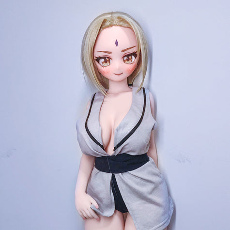 2ft 9in or 85cm tall mini anime sex doll Reyna. Silicone body construction, large breasts, fair skin, jaw length blonde hair and a slim athletic body in a sexy Asian style fantasy outfit.