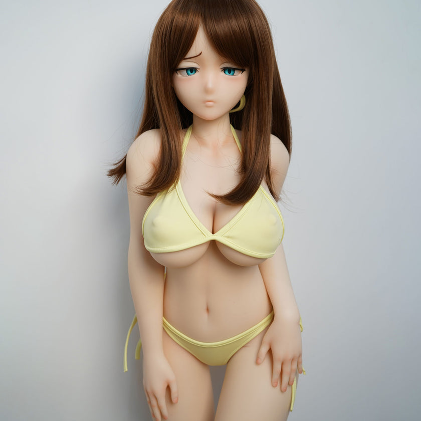 3ft 1in or 95cm tall mini Anime style silicone sex doll with large breasts, brown hair and blue eyes in a yellow bikini.  Made by Irokebijin.