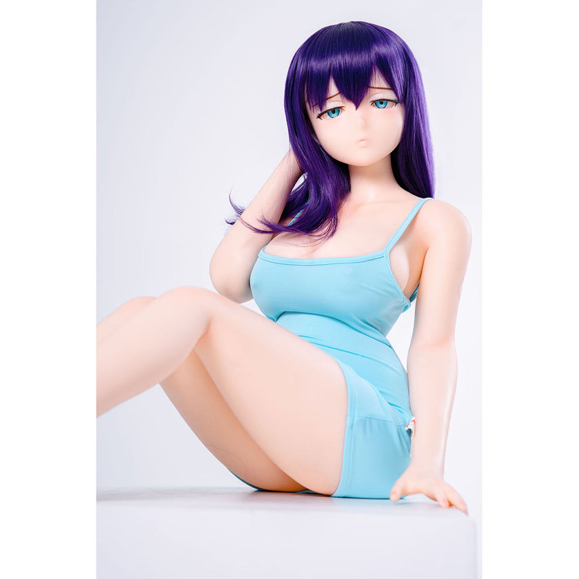 3ft 1in or 95cm tall mini Anime style silicone sex doll with large breasts, purple hair and blue eyes in a tight blue outfit.  Made by Irokebijin.