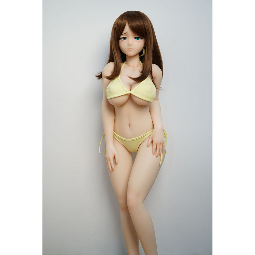 3ft 1in or 95cm tall mini Anime style silicone sex doll with large breasts, brown hair and blue eyes in a yellow bikini.  Made by Irokebijin.